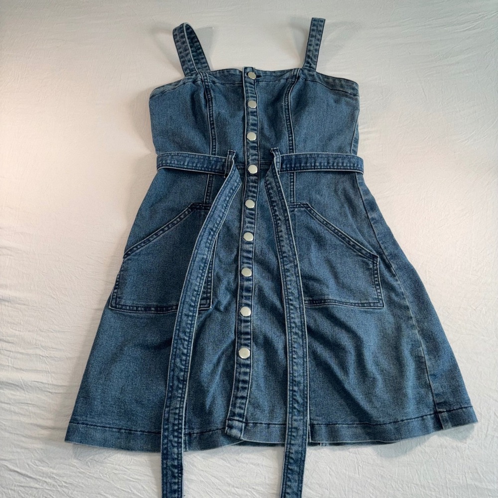 Allegra K Blue Denim Button Front Mini Dress Sleeveless Belted A-Line Sz XS